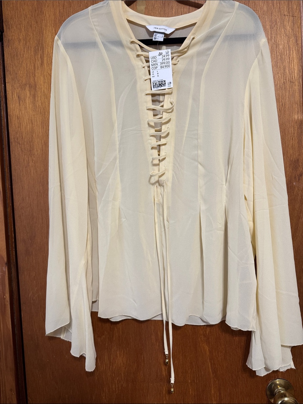 H&M Butter Yellow Lace-Up V-Neck Bell Sleeve Sheer Blouse